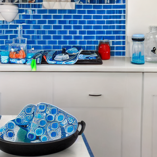 014_An eye level counter-view shows blue tile, a faucet, dish scrubbers, bowls, a squirt bottle and similar kitchen items..png